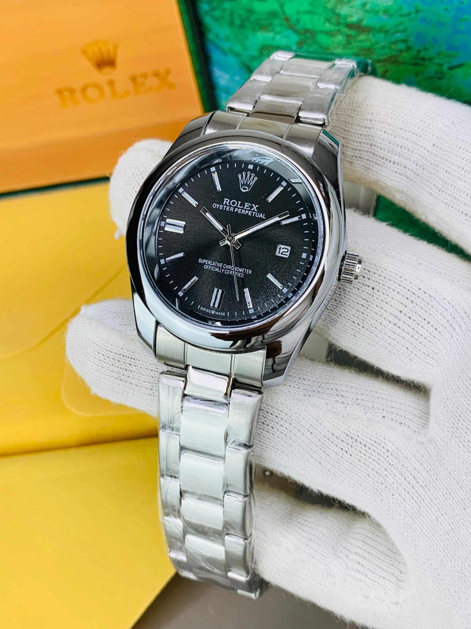 Silver with black dail