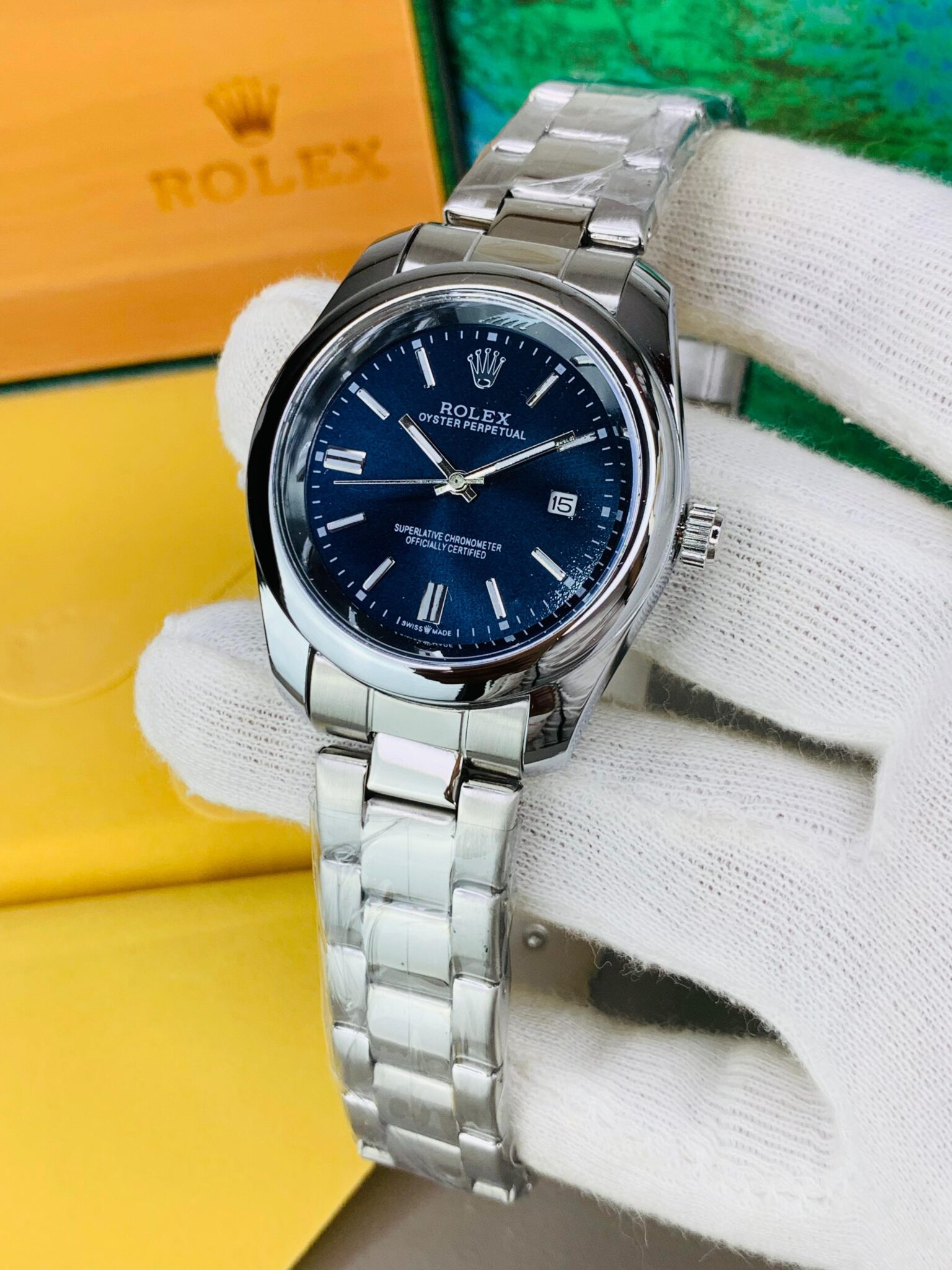 Silver with blue dail